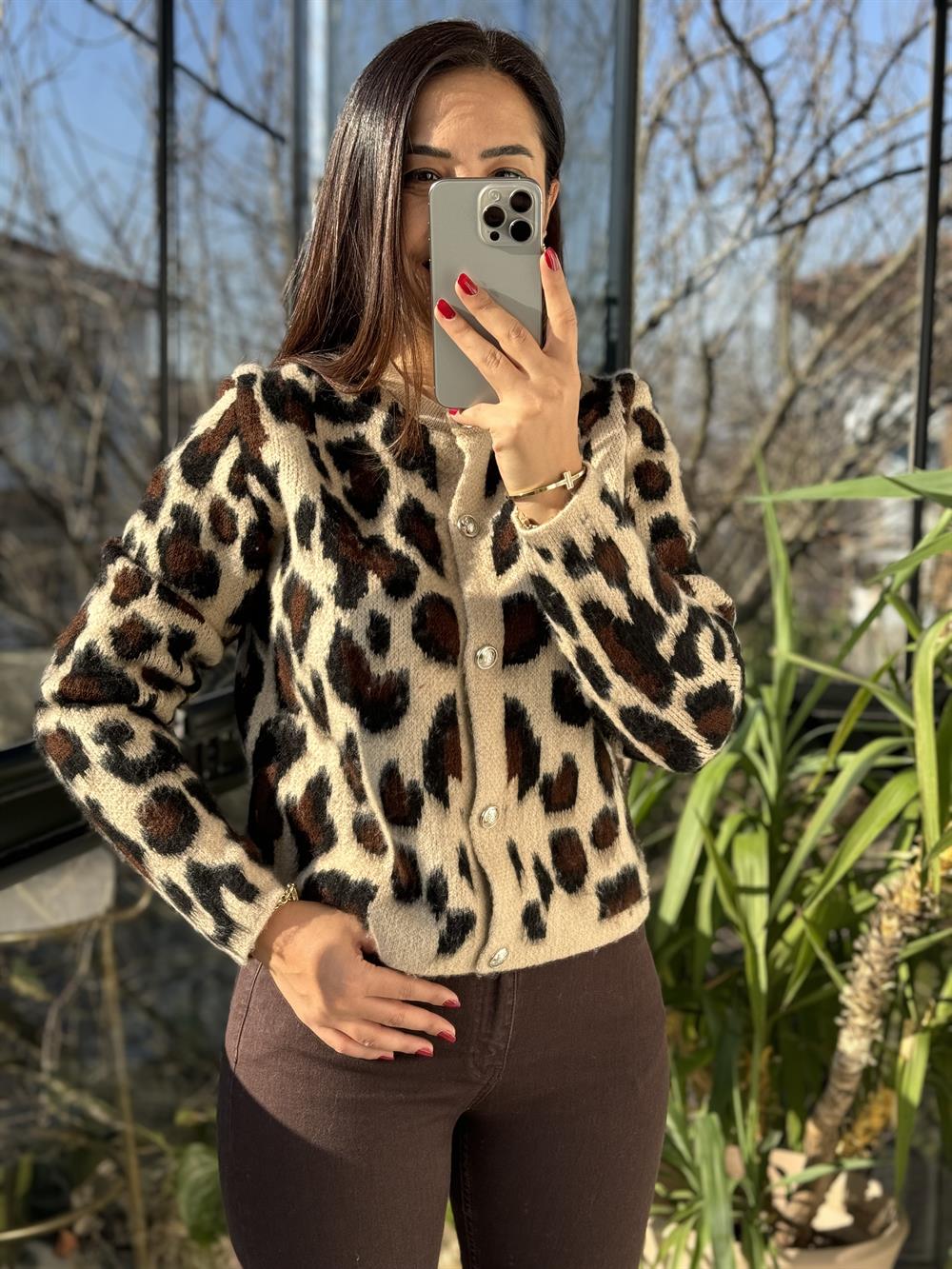 Şardonlu Leopar Desen Hırka Bej