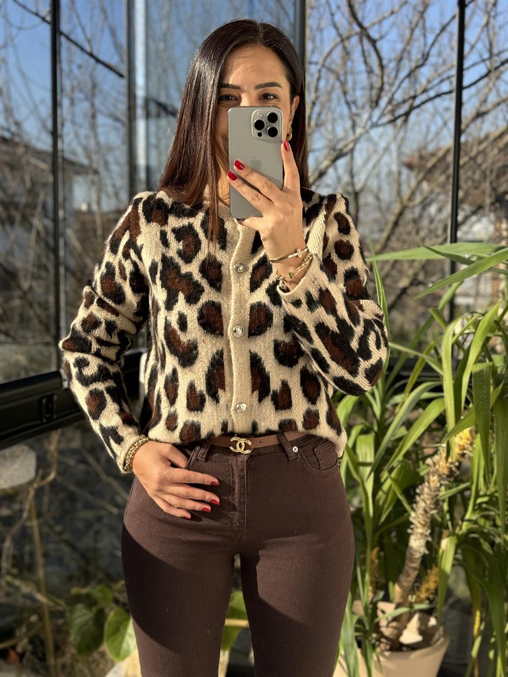 Şardonlu Leopar Desen Hırka Bej