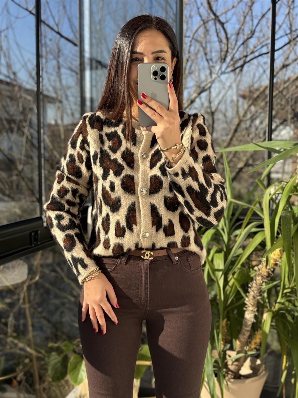 Şardonlu Leopar Desen Hırka Bej