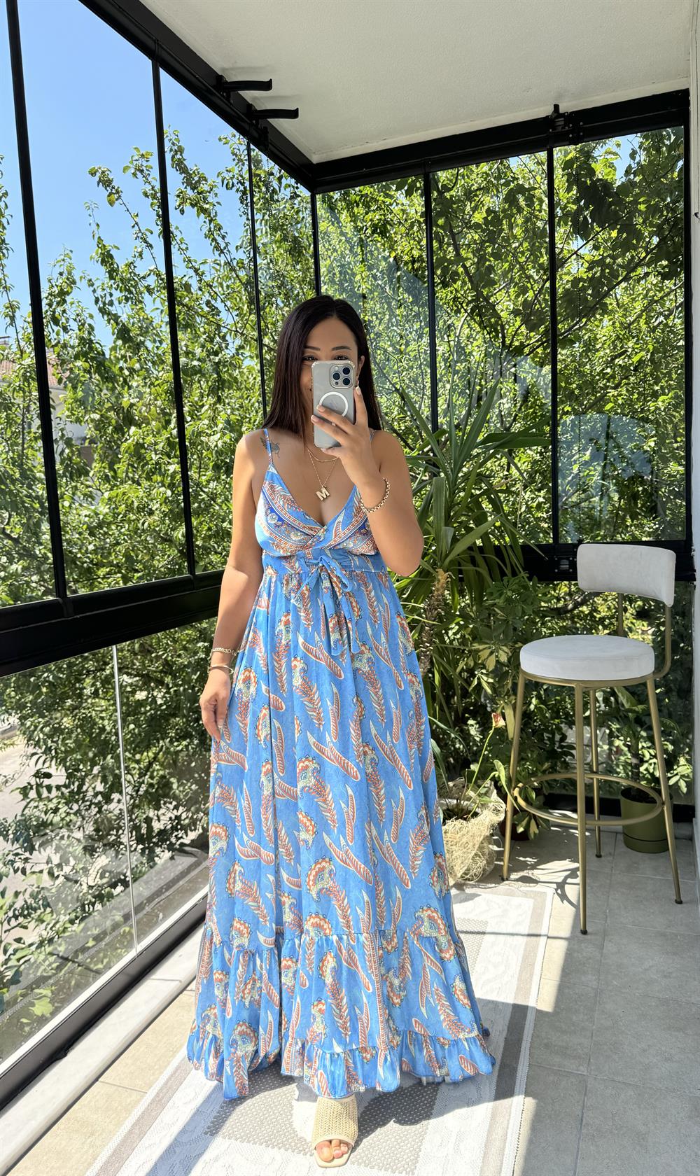 Saten İp Askılı Uzun Elbise Mavi