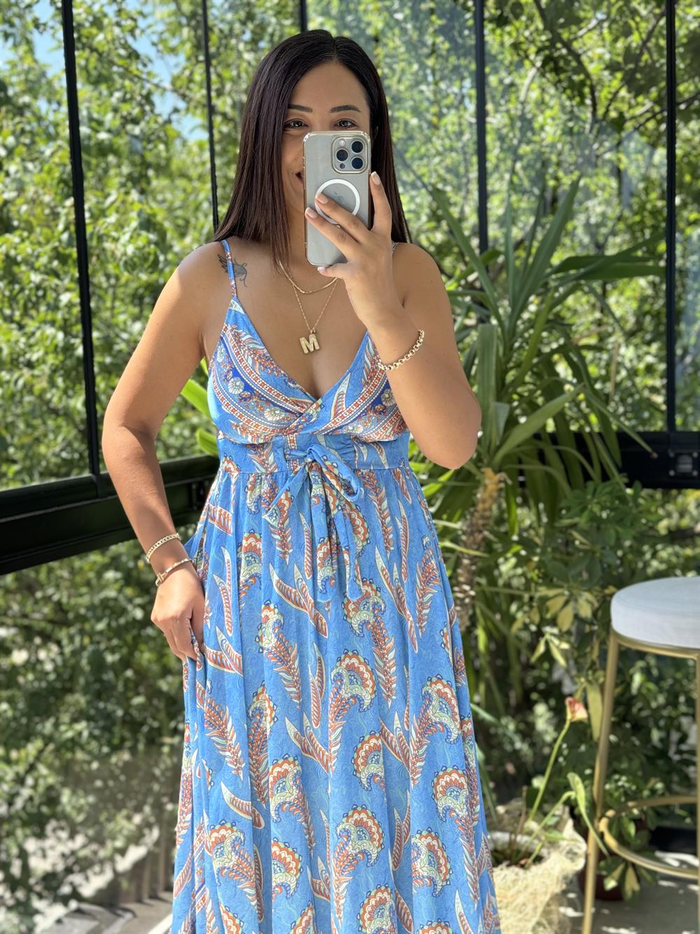 Saten İp Askılı Uzun Elbise Mavi