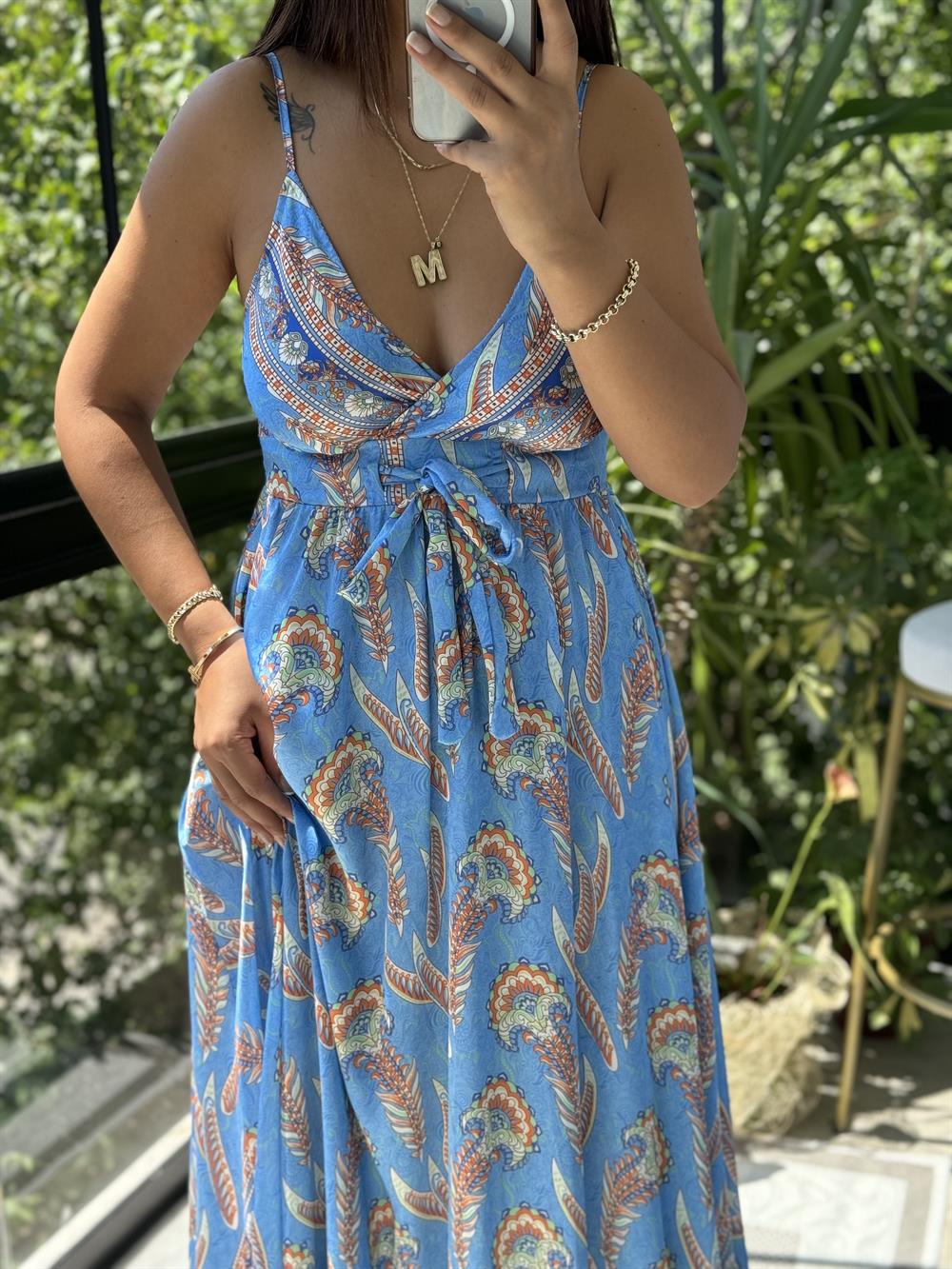 Saten İp Askılı Uzun Elbise Mavi