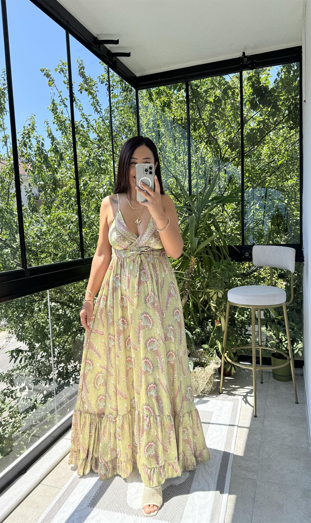 Saten İp Askılı Uzun Elbise Yeşil