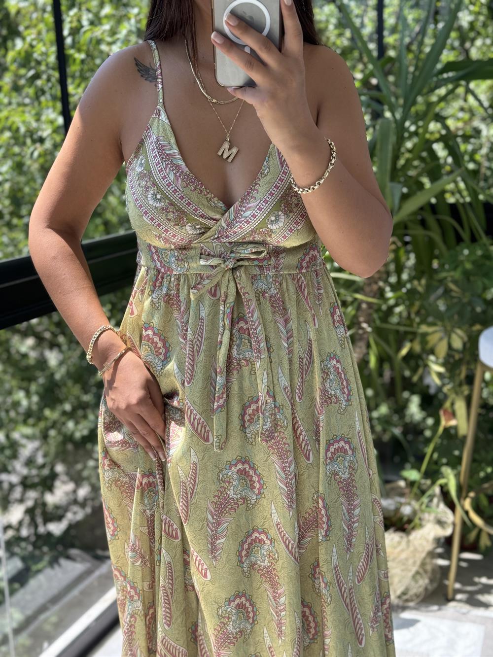 Saten İp Askılı Uzun Elbise Yeşil