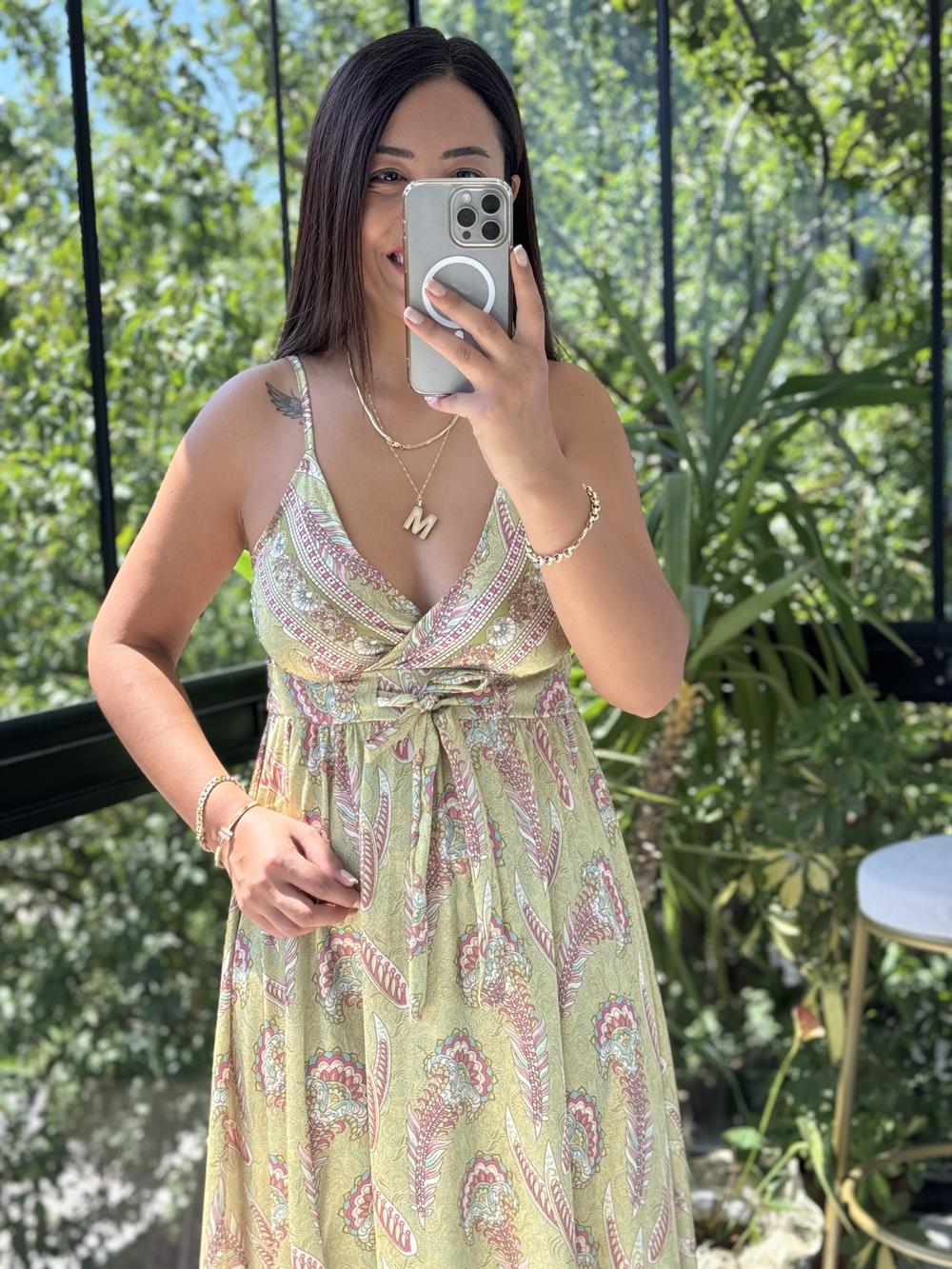 Saten İp Askılı Uzun Elbise Yeşil