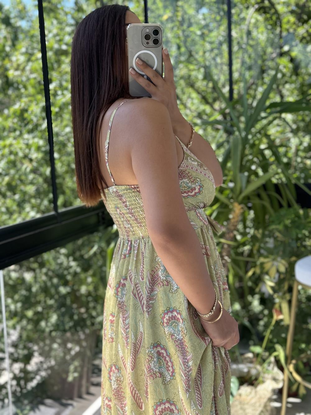 Saten İp Askılı Uzun Elbise Yeşil