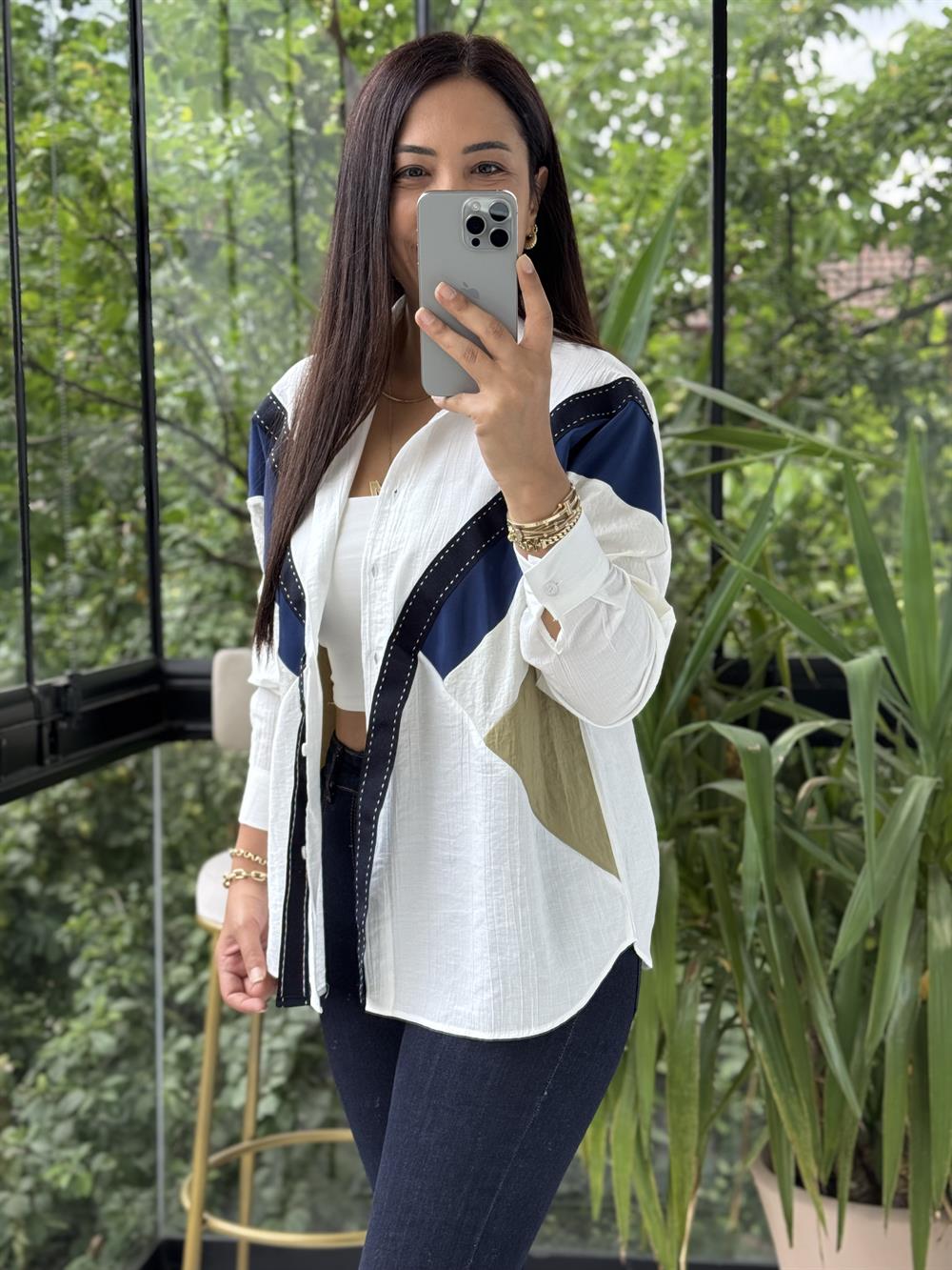 Şerit Detaylı Tasarım Gömlek Beyaz