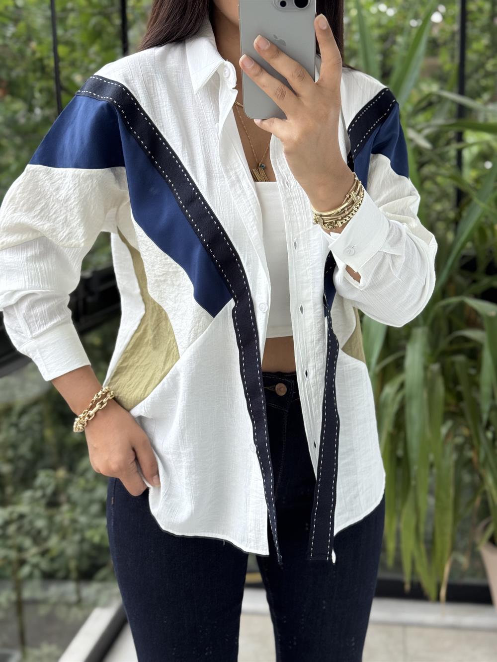 Şerit Detaylı Tasarım Gömlek Beyaz