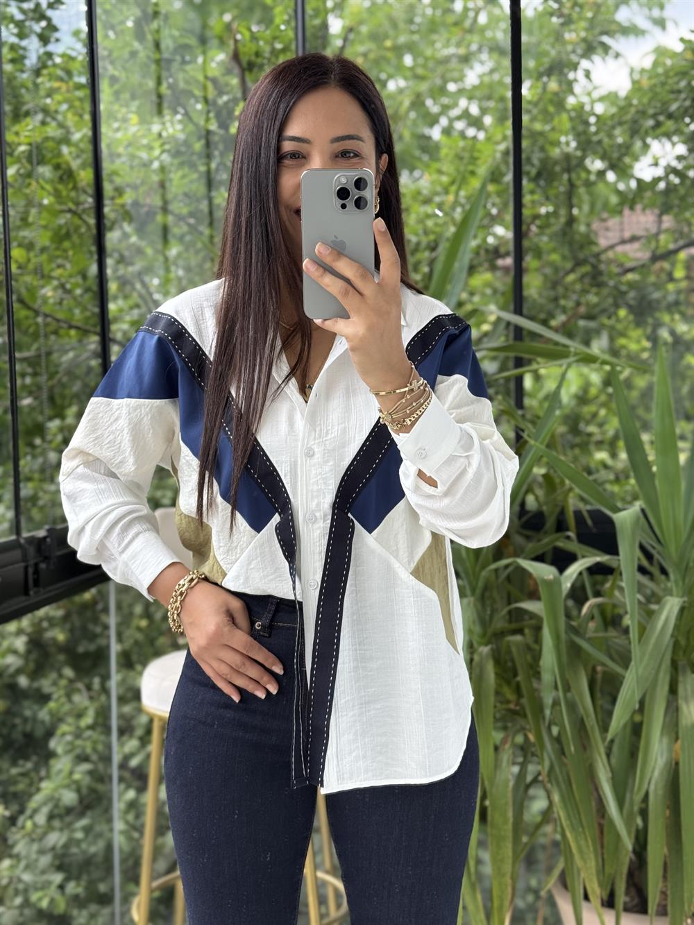 Şerit Detaylı Tasarım Gömlek Beyaz