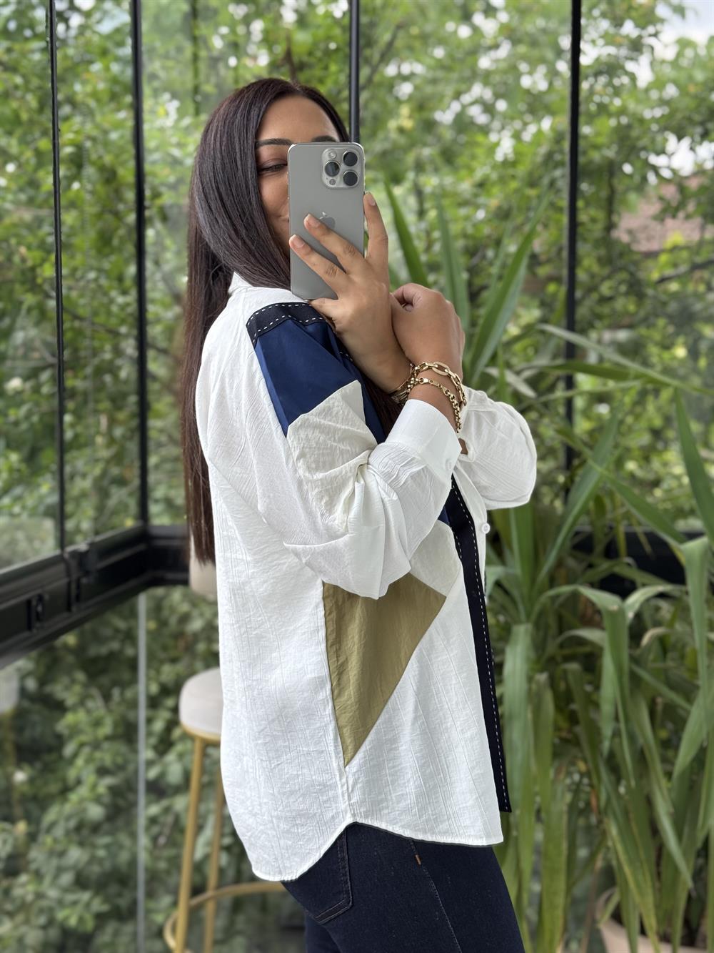 Şerit Detaylı Tasarım Gömlek Beyaz