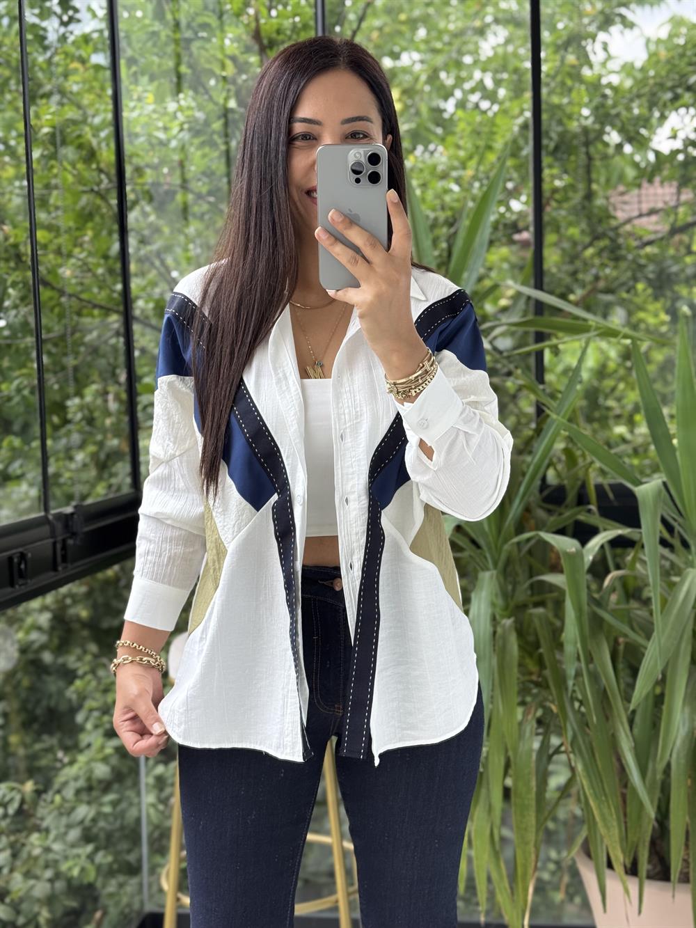 Şerit Detaylı Tasarım Gömlek Beyaz