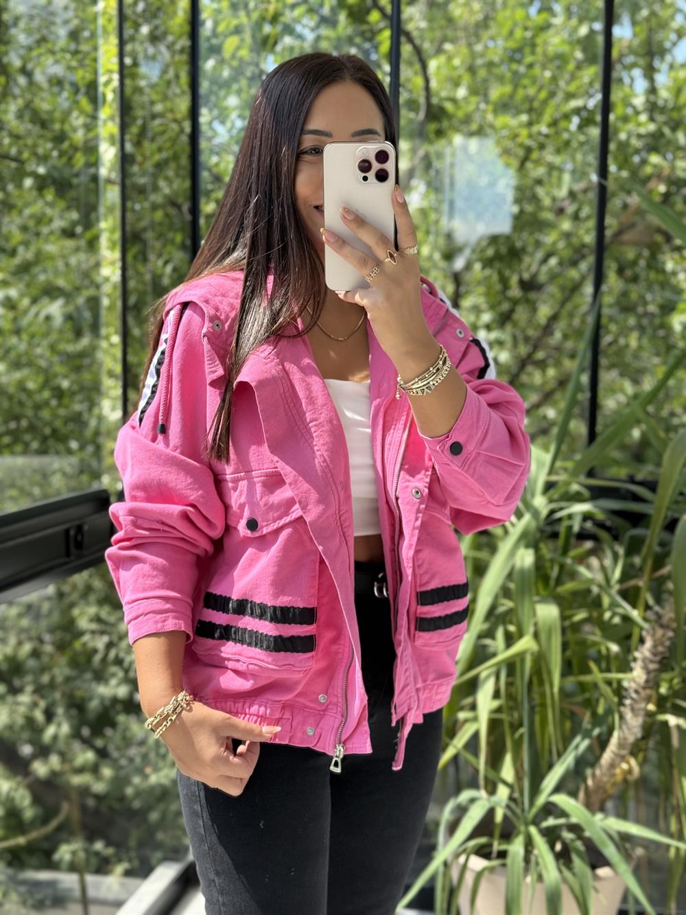 Şeritli Gabardin Ceket Pembe