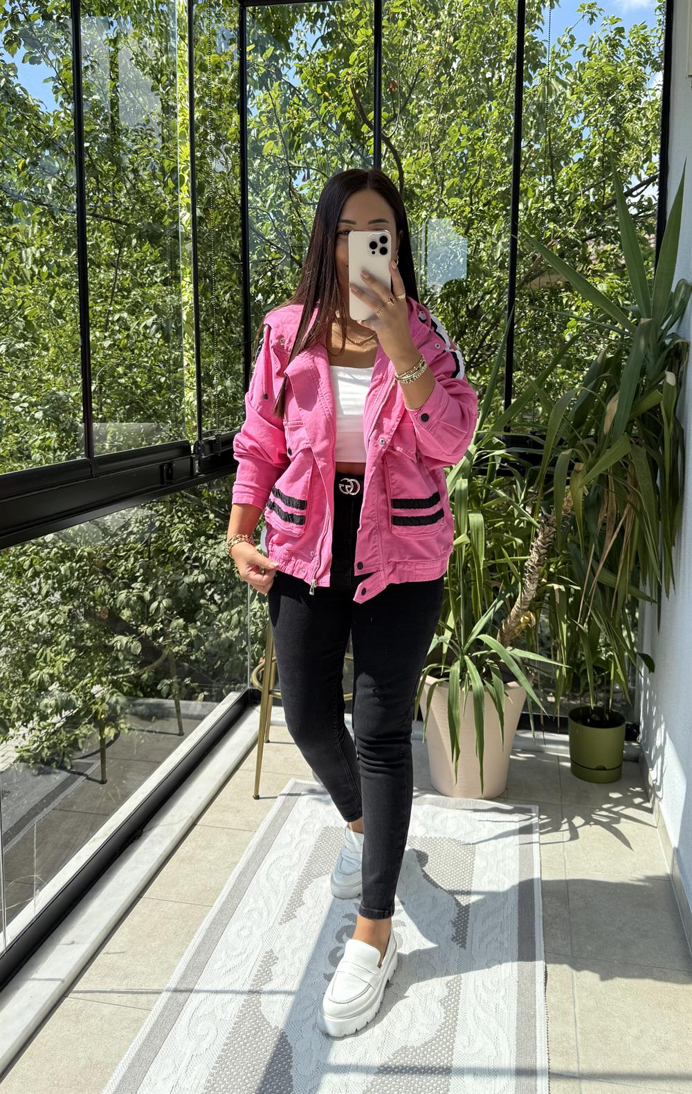 Şeritli Gabardin Ceket Pembe