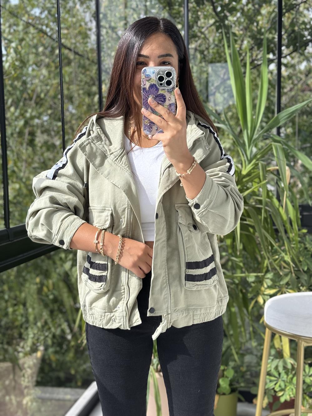 Şeritli Gabardin Ceket Yeşil