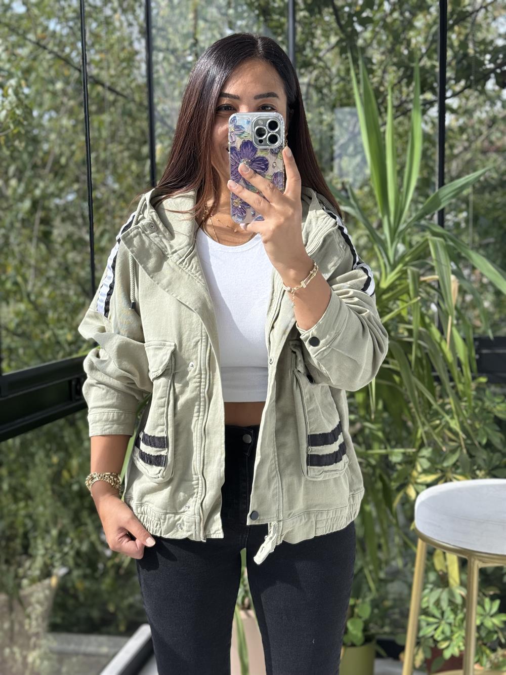 Şeritli Gabardin Ceket Yeşil