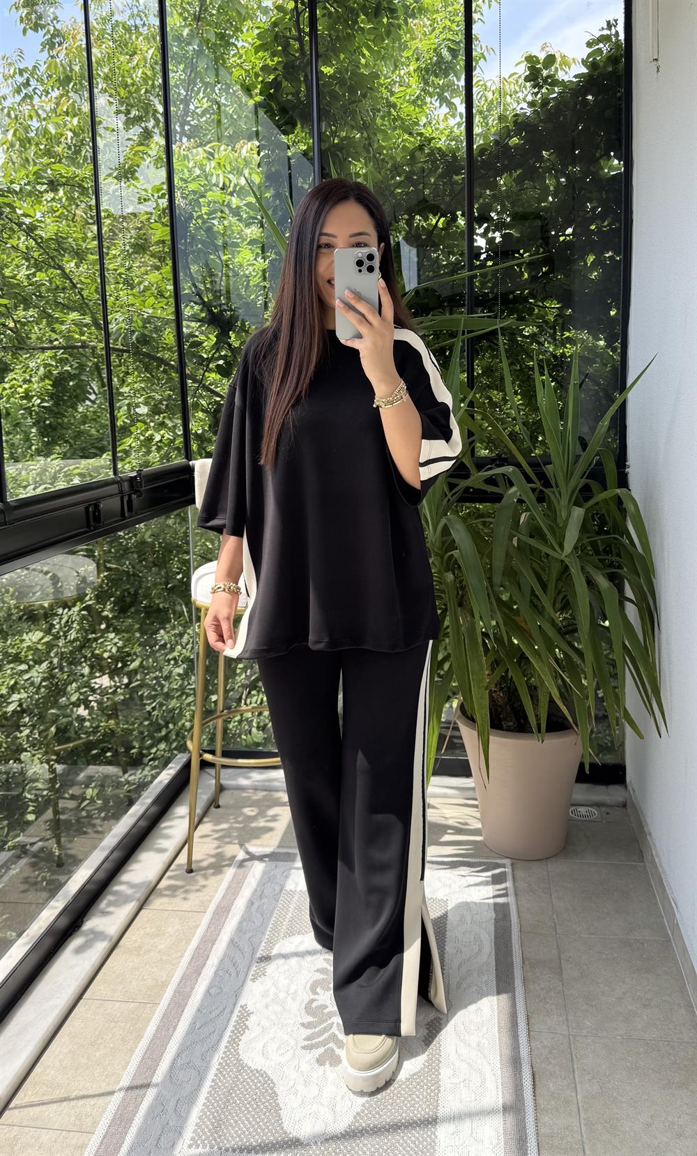 Şeritli Modal Takım Siyah