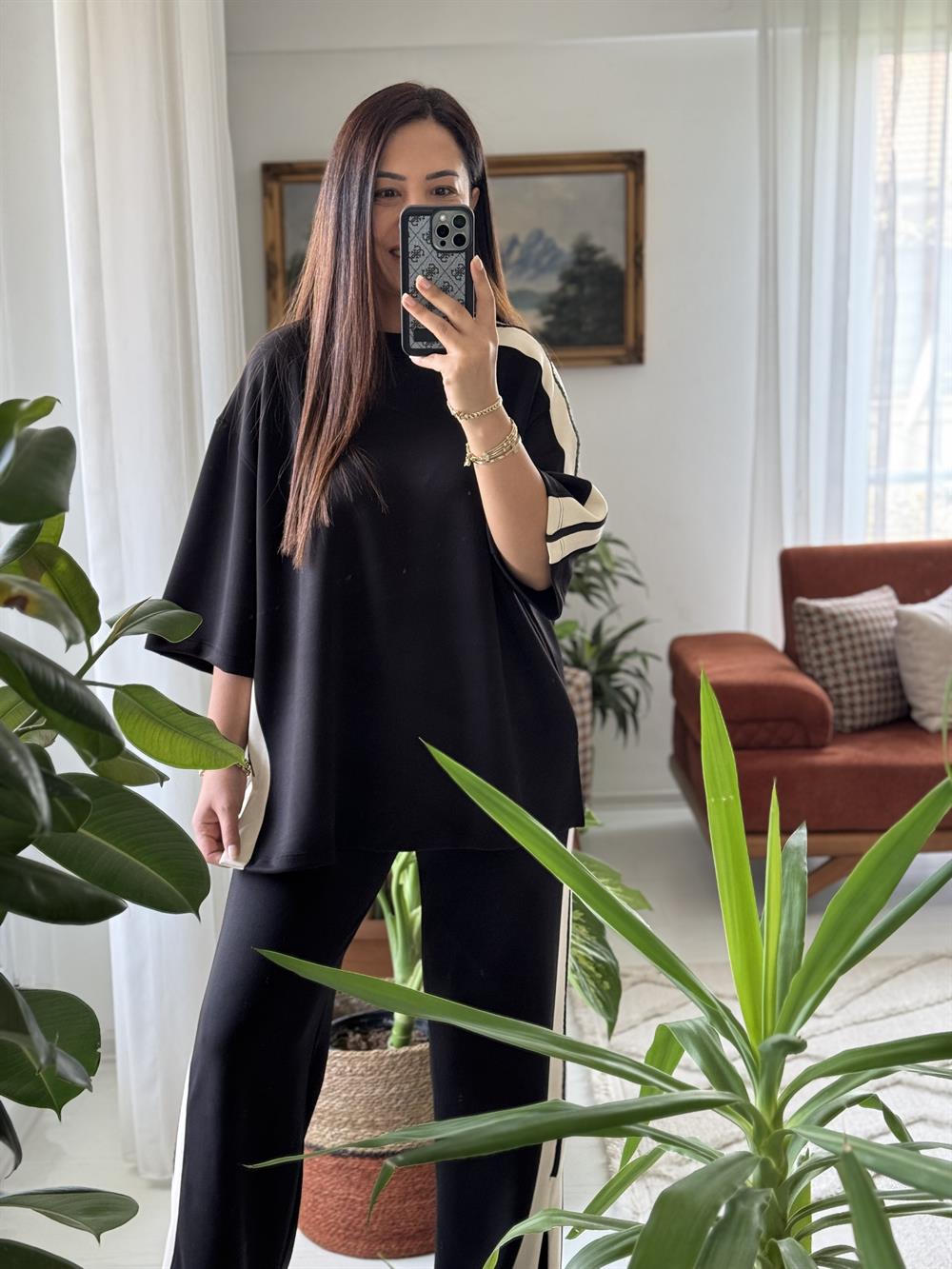 Şeritli Modal Takım Siyah