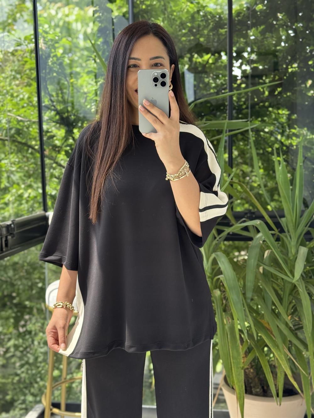 Şeritli Modal Takım Siyah