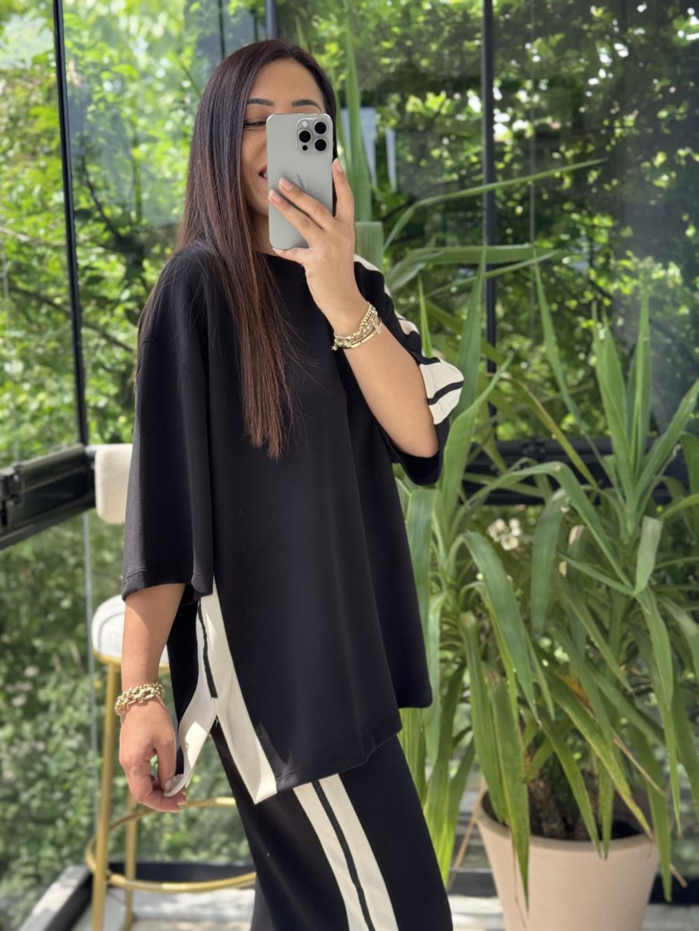 Şeritli Modal Takım Siyah