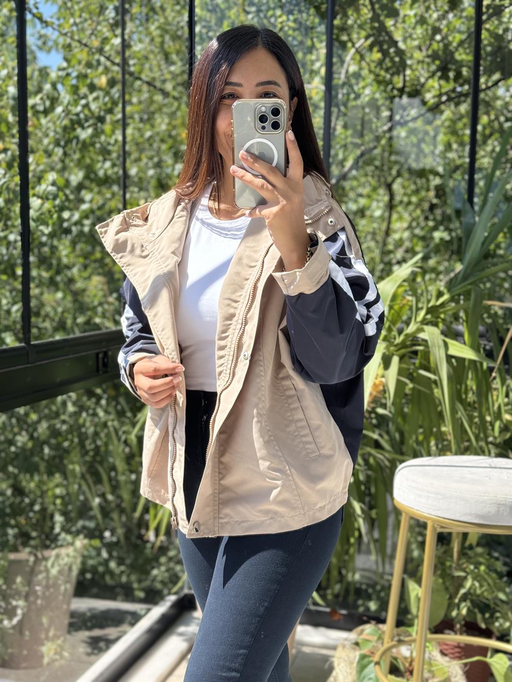 Şeritli Parka Yağmurluk Bej