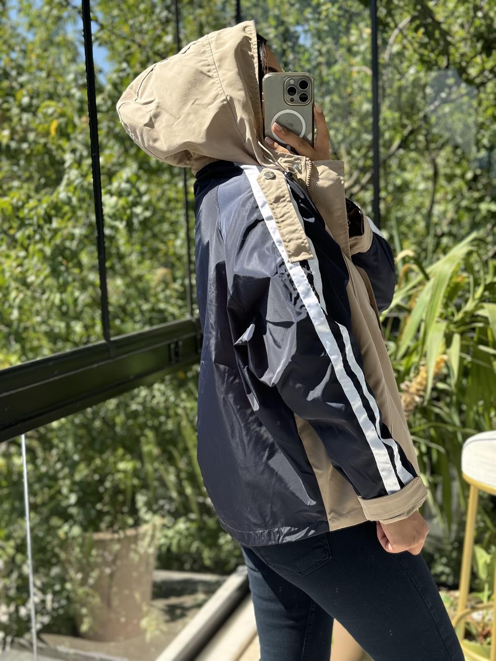 Şeritli Parka Yağmurluk Bej