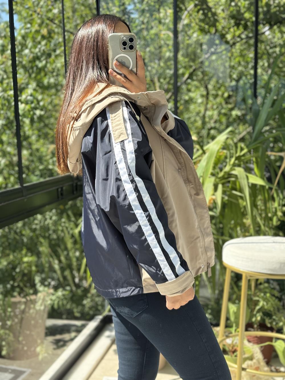 Şeritli Parka Yağmurluk Bej