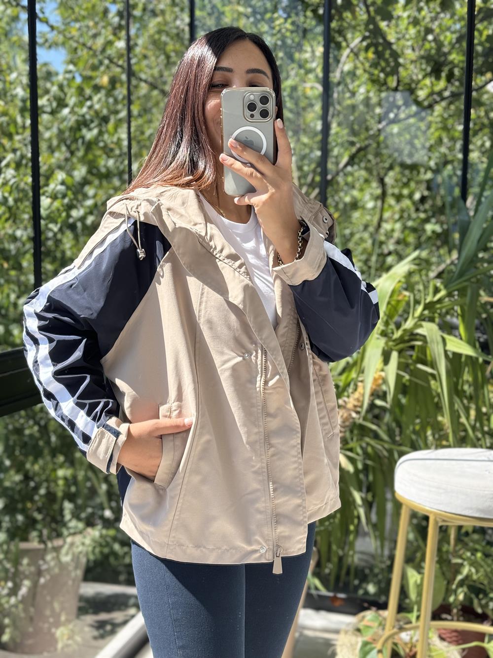 Şeritli Parka Yağmurluk Bej