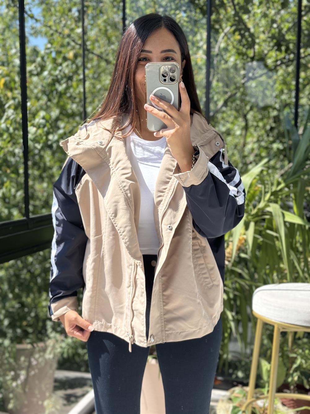 Şeritli Parka Yağmurluk Bej