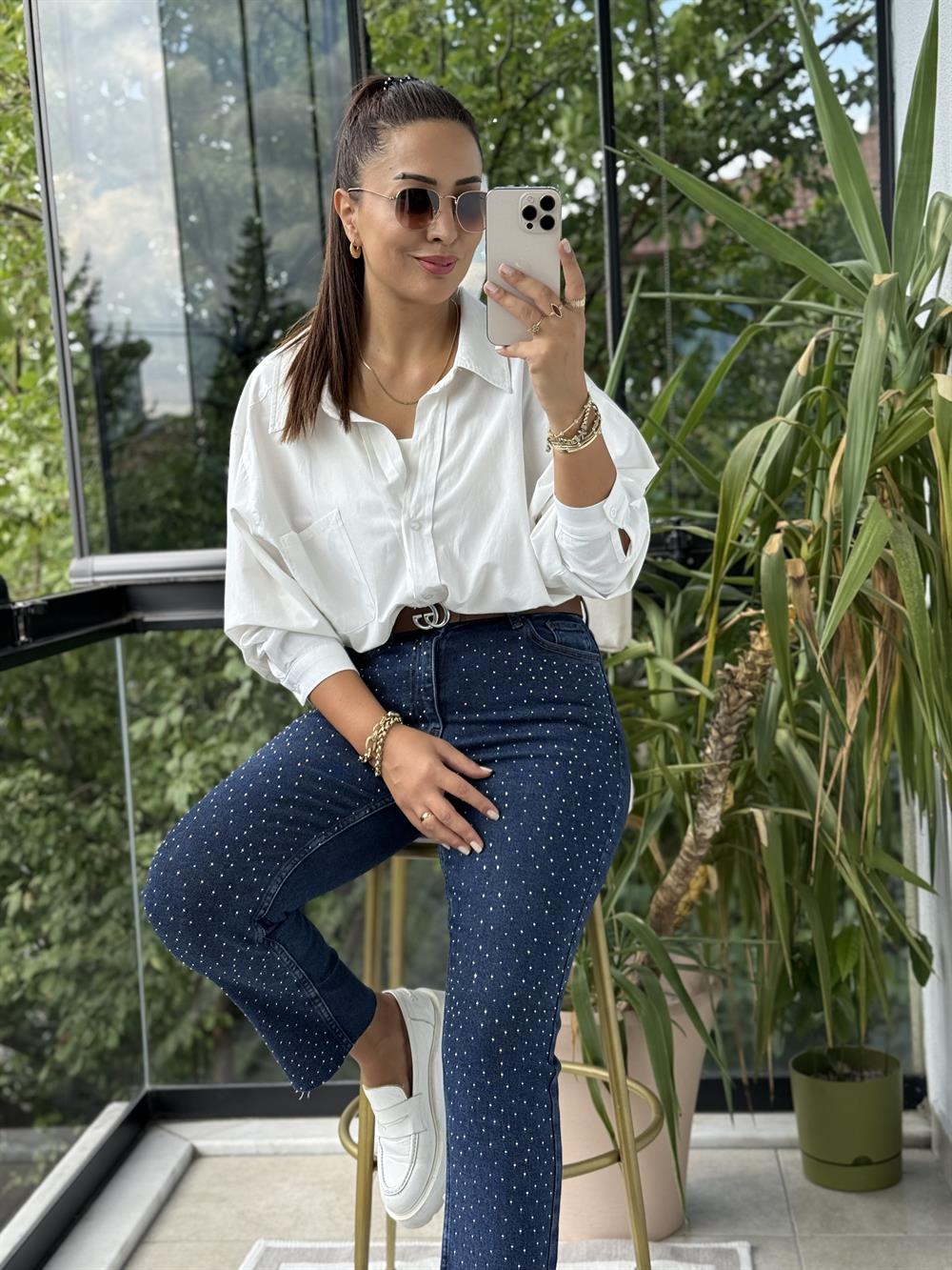 Serpme Taşlı Kesik Paça Jean Lacivert 