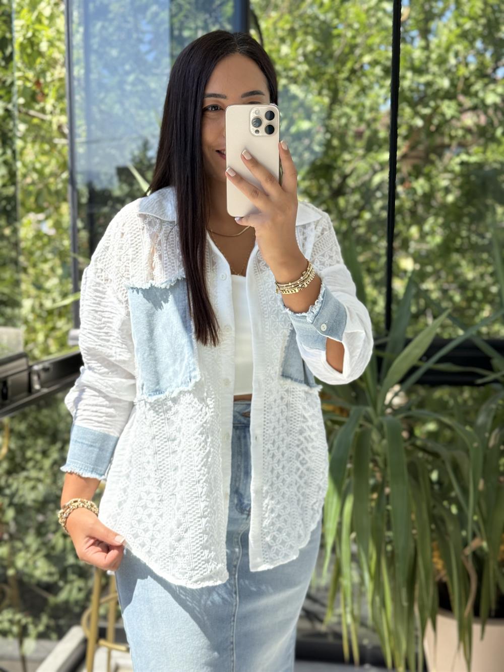 Şifon Brode Kot Garnili Gömlek Ekru