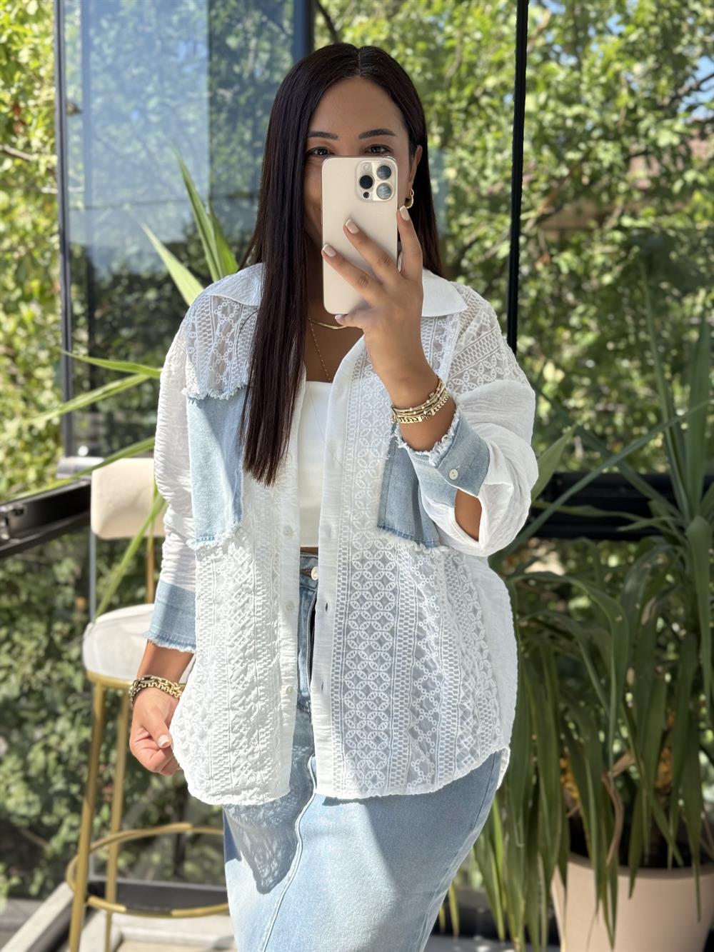 Şifon Brode Kot Garnili Gömlek Ekru