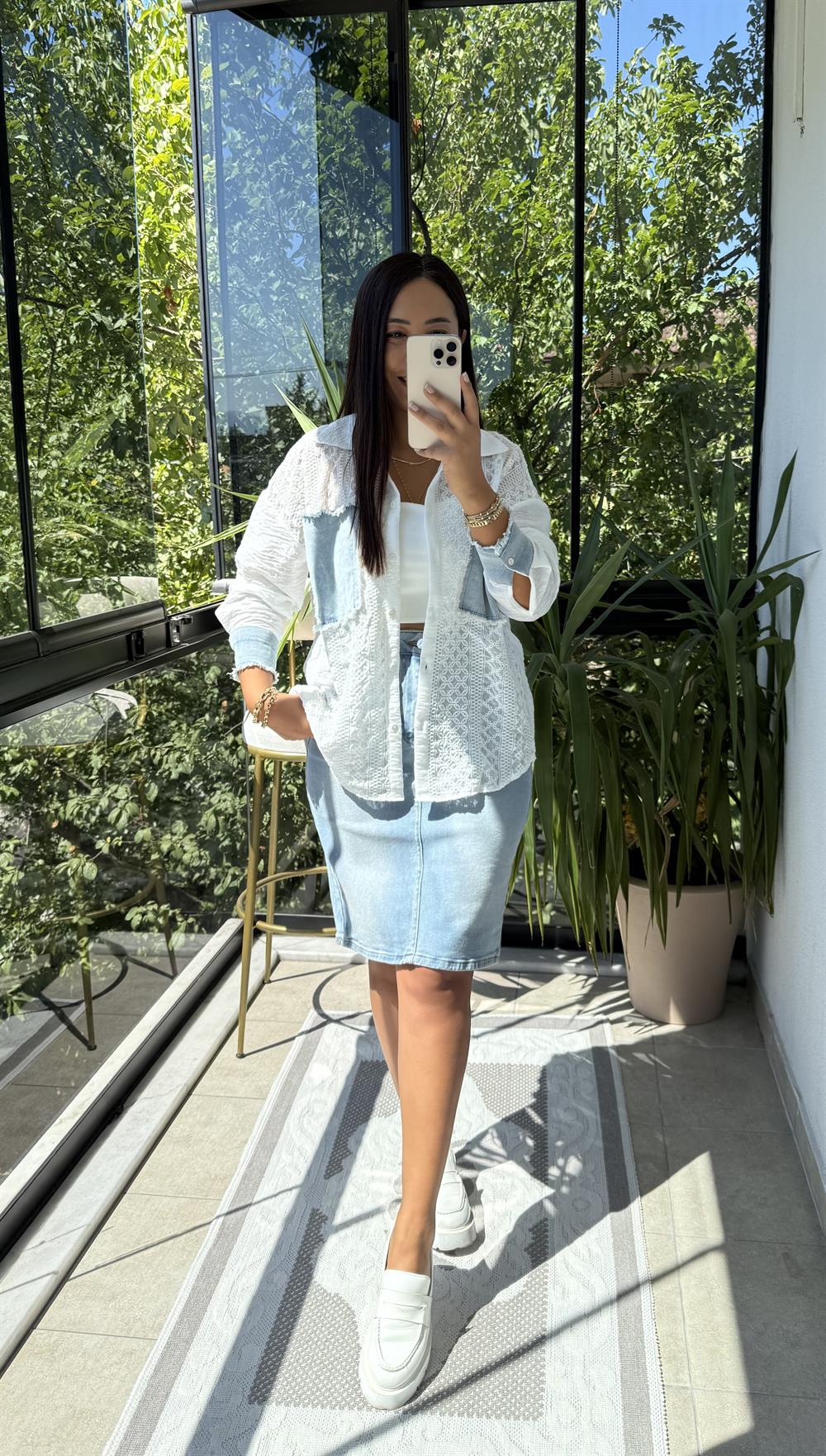 Şifon Brode Kot Garnili Gömlek Ekru