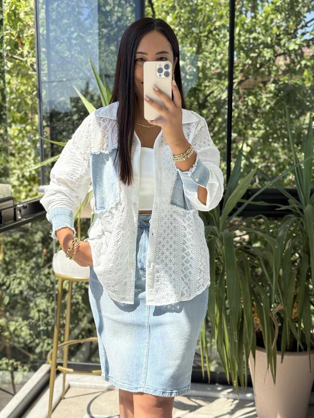 Şifon Brode Kot Garnili Gömlek Ekru