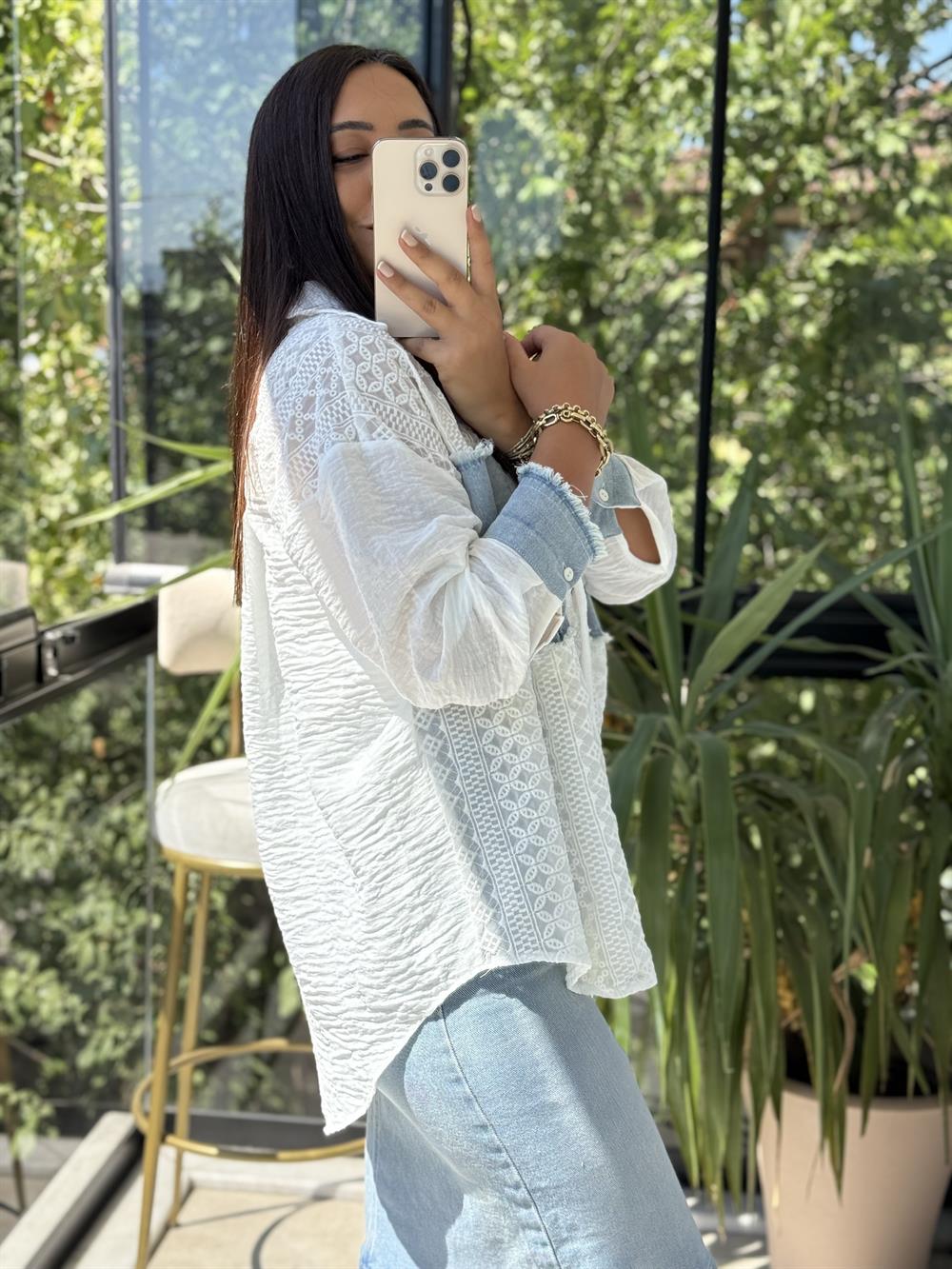 Şifon Brode Kot Garnili Gömlek Ekru