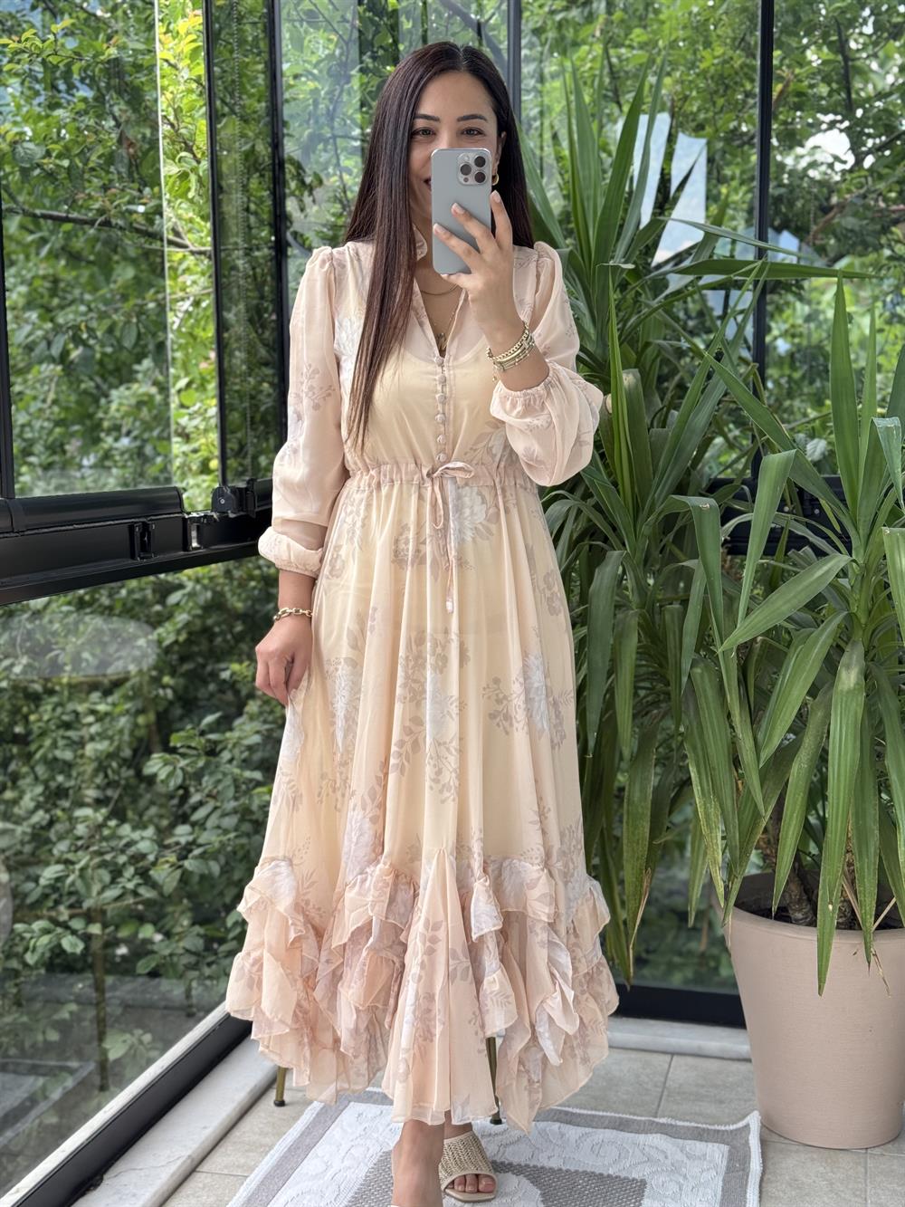 Şifon Uzun Elbise Yavruağzı