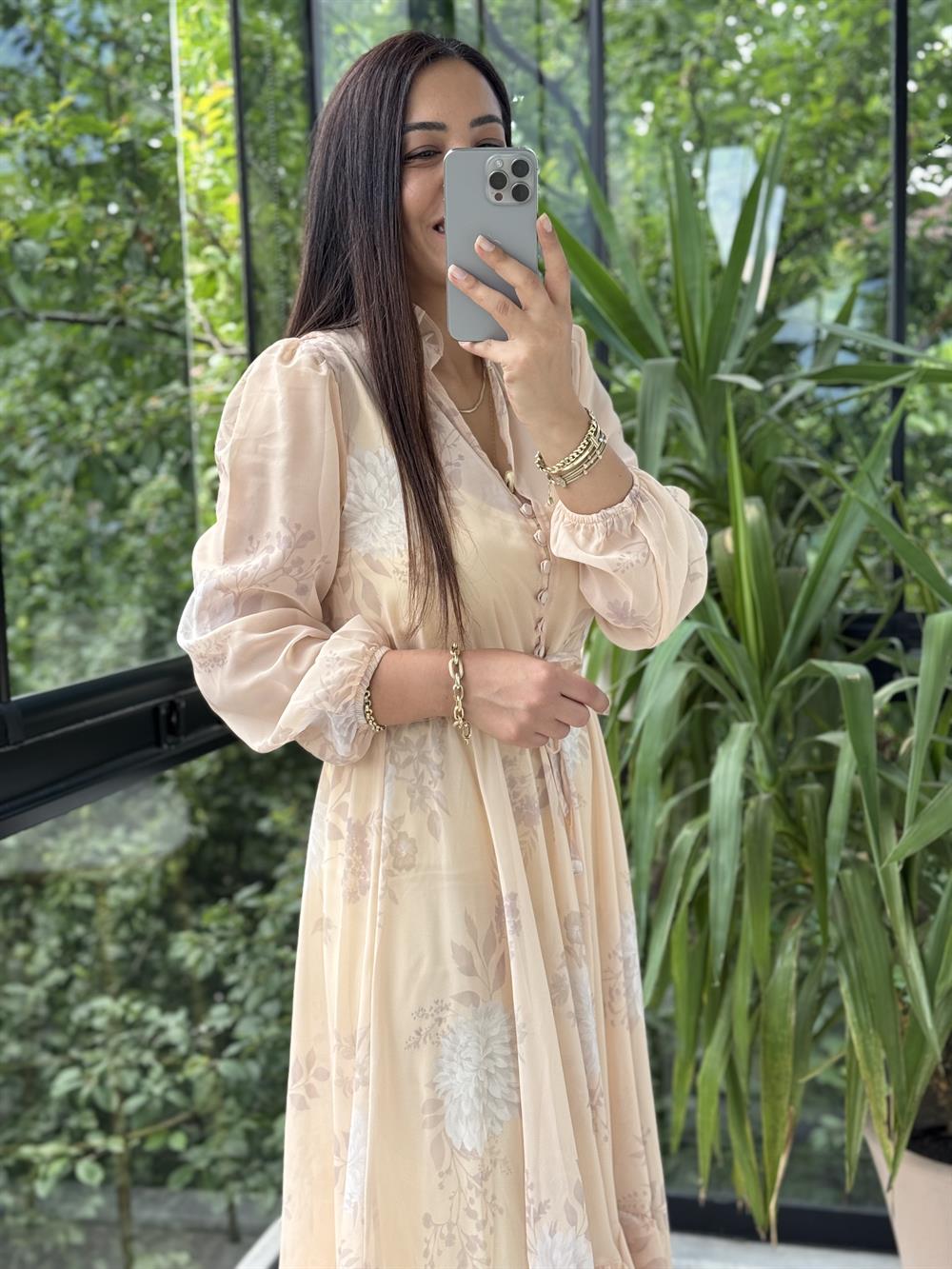 Şifon Uzun Elbise Yavruağzı