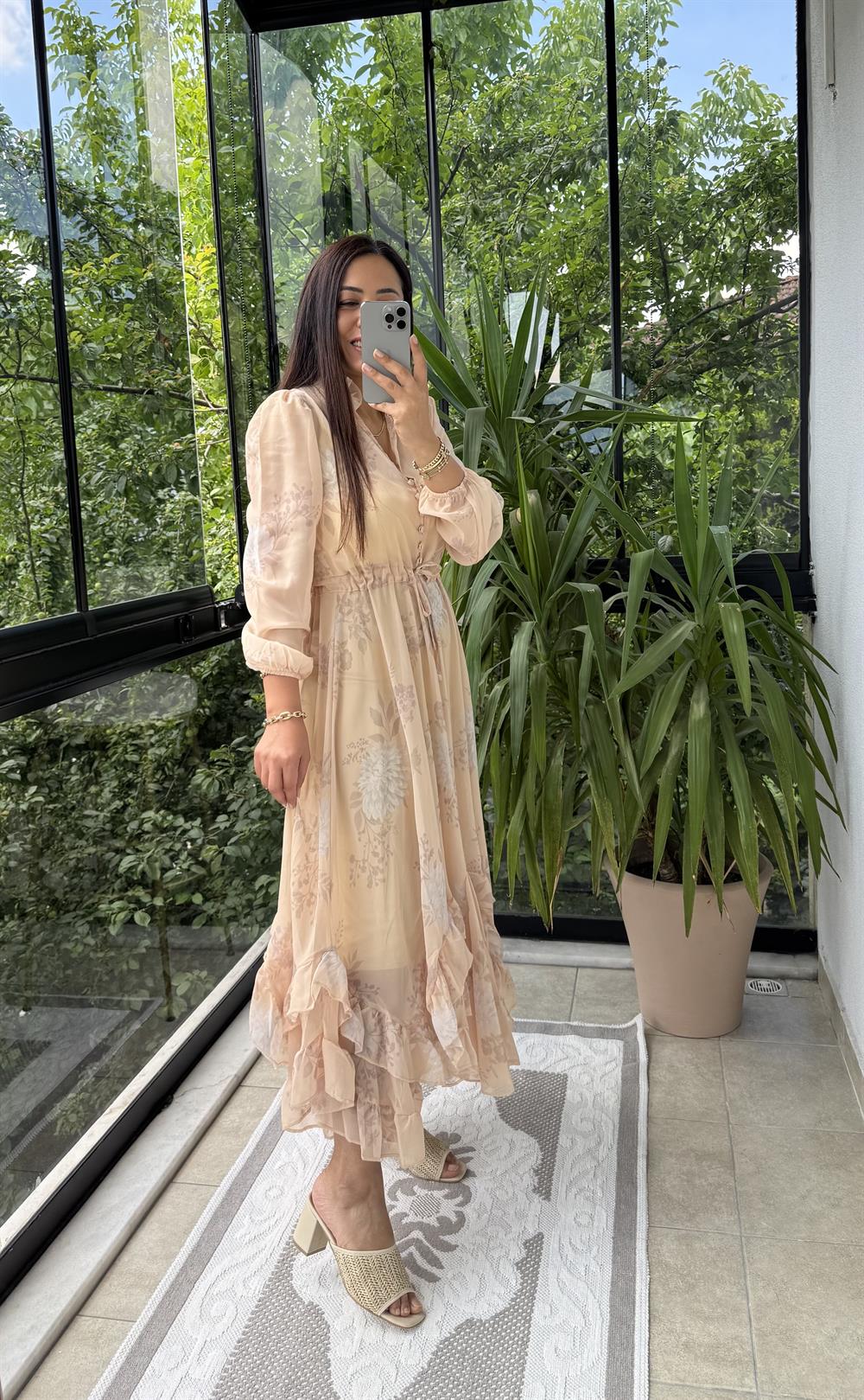 Şifon Uzun Elbise Yavruağzı