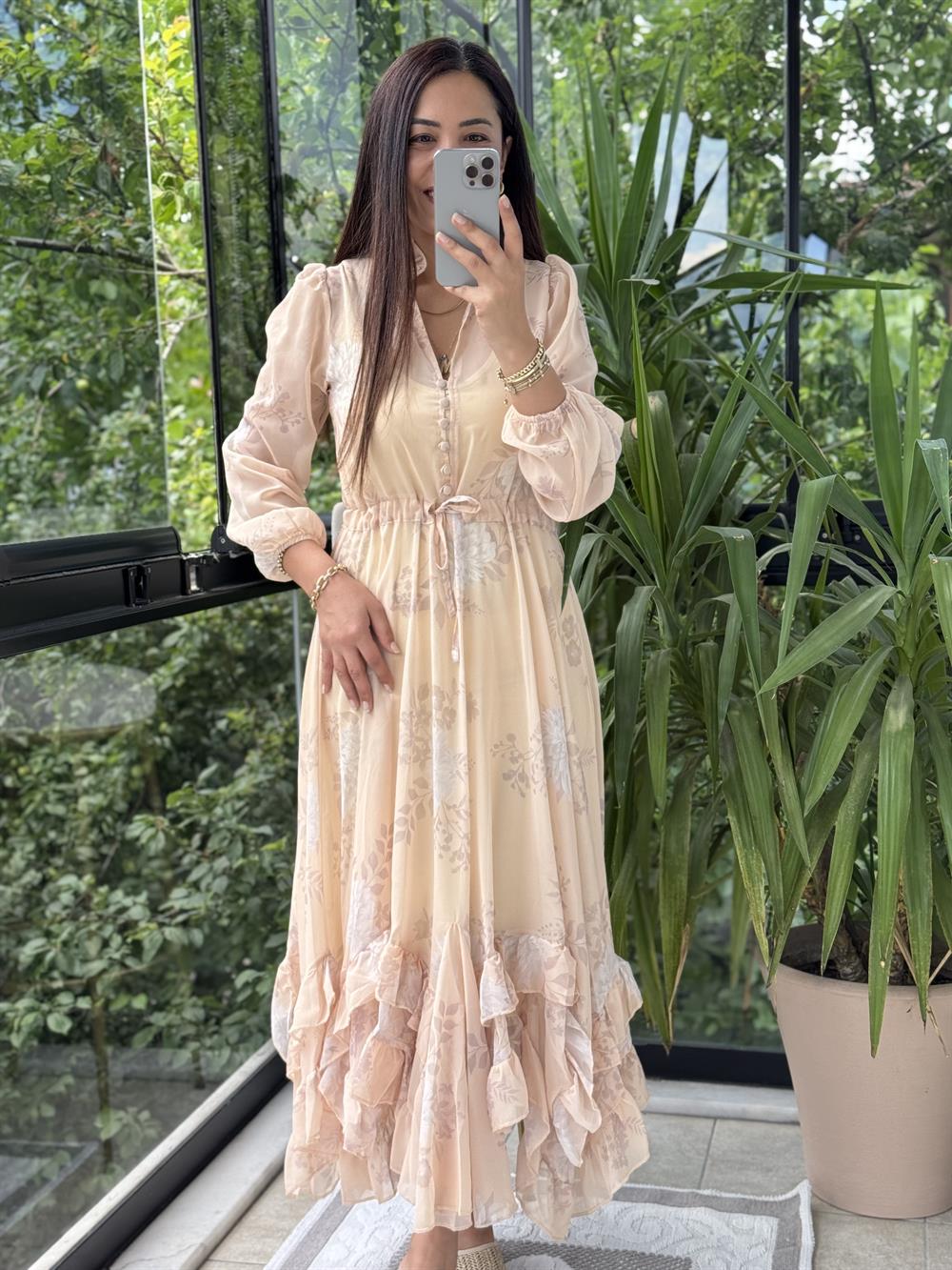 Şifon Uzun Elbise Yavruağzı