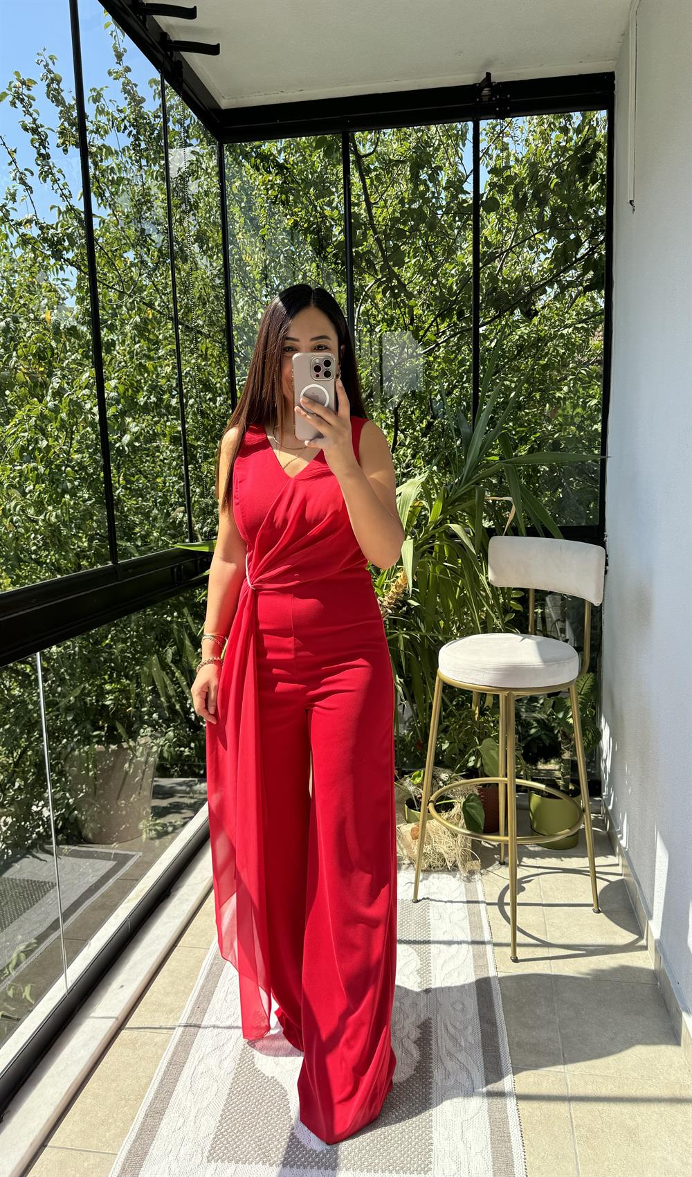 Şifonlu Kolsuz Tulum Kırmızı