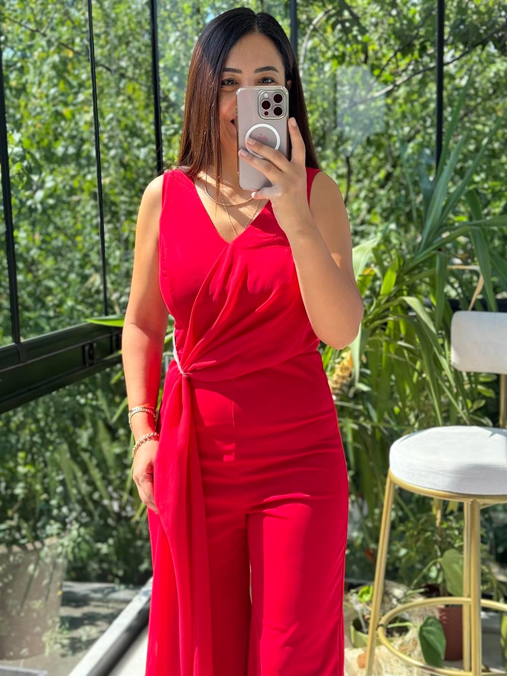 Şifonlu Kolsuz Tulum Kırmızı