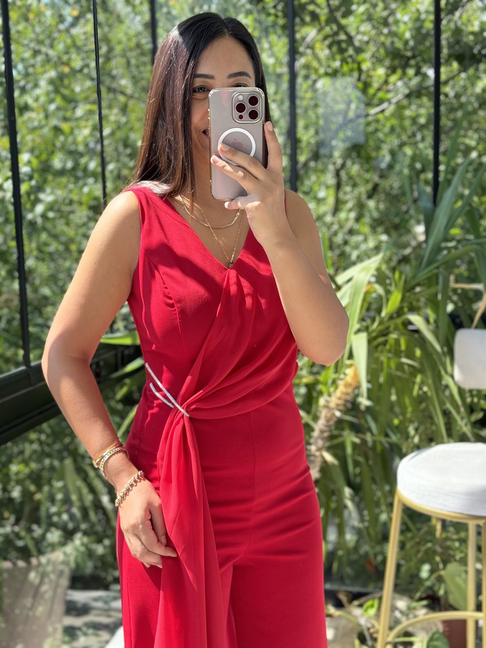 Şifonlu Kolsuz Tulum Kırmızı