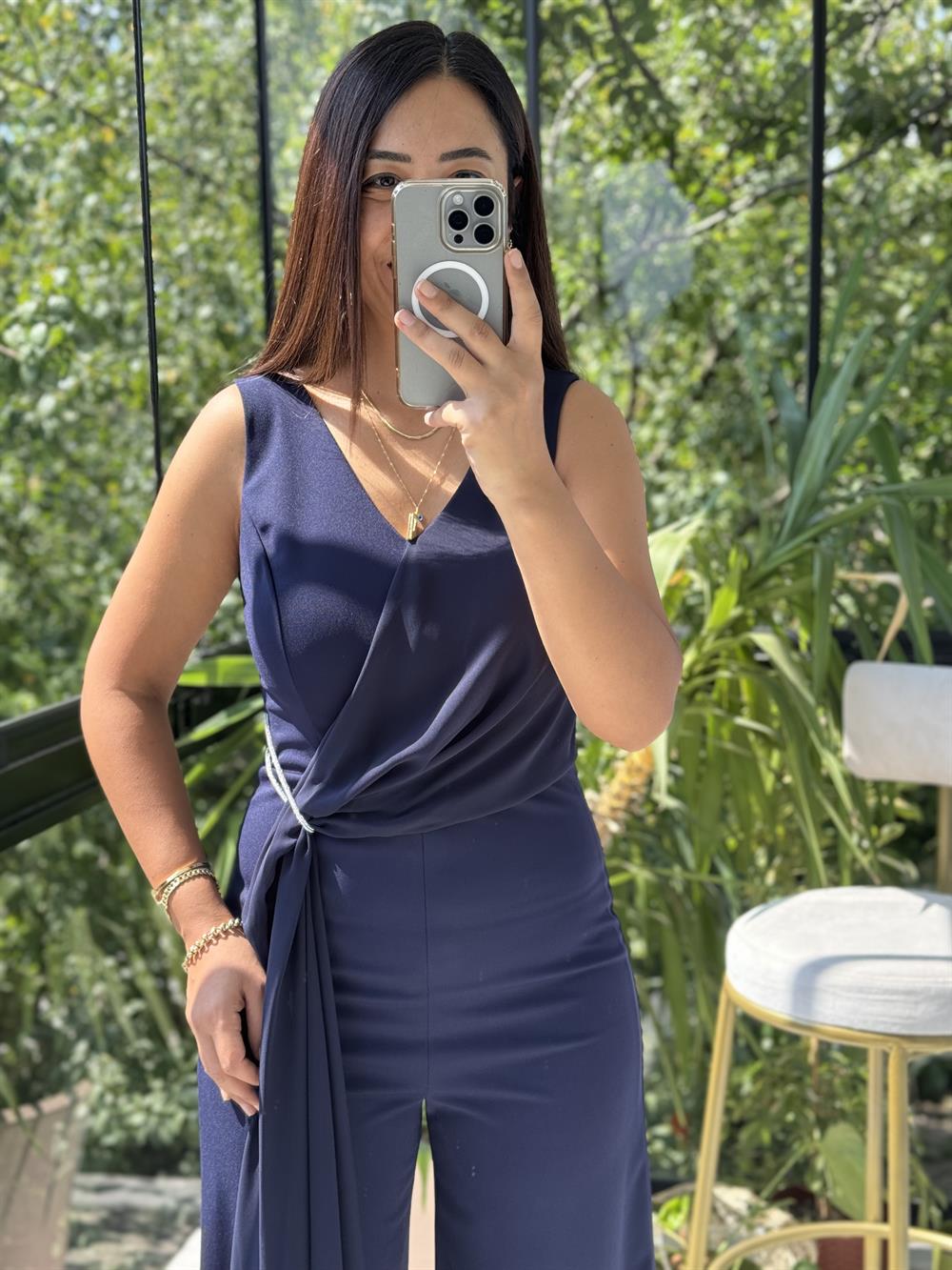 Şifonlu Kolsuz Tulum Lacivert