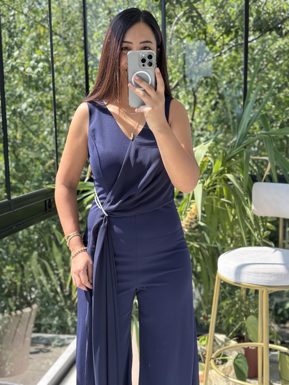 Şifonlu Kolsuz Tulum Lacivert