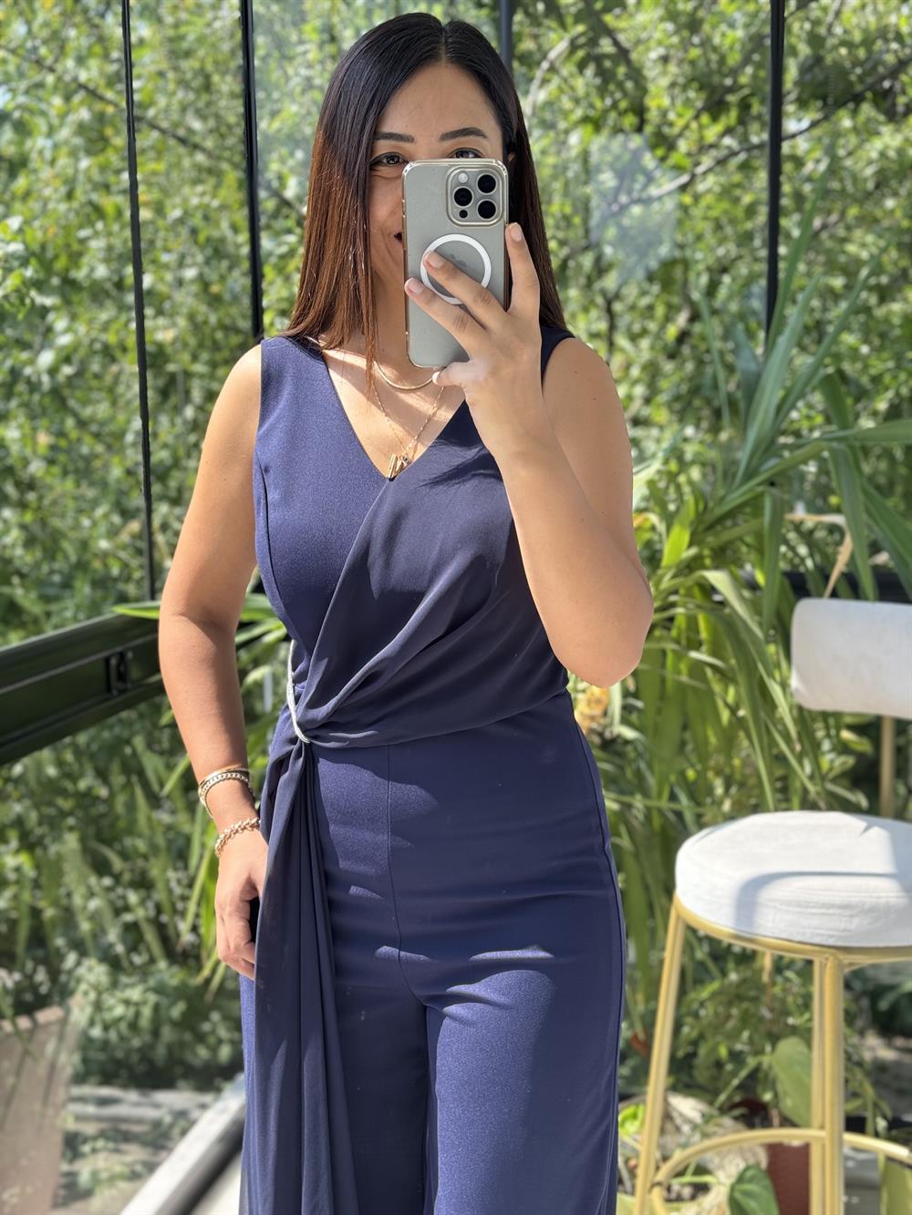 Şifonlu Kolsuz Tulum Lacivert