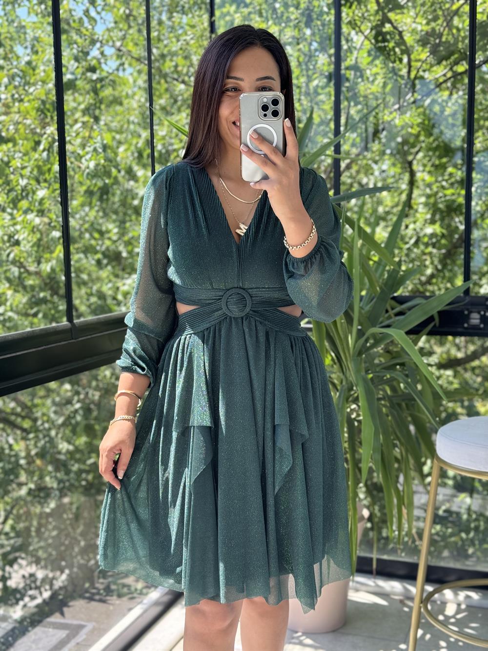 Sırt Detay Bel Tokalı Simli Tül Abiye Zümrüt