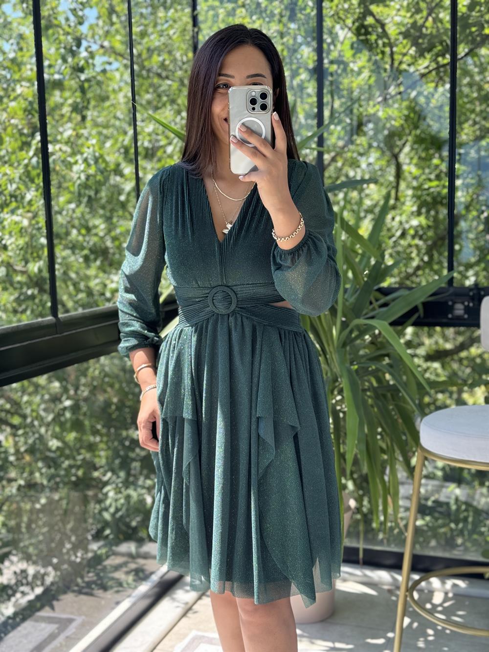 Sırt Detay Bel Tokalı Simli Tül Abiye Zümrüt