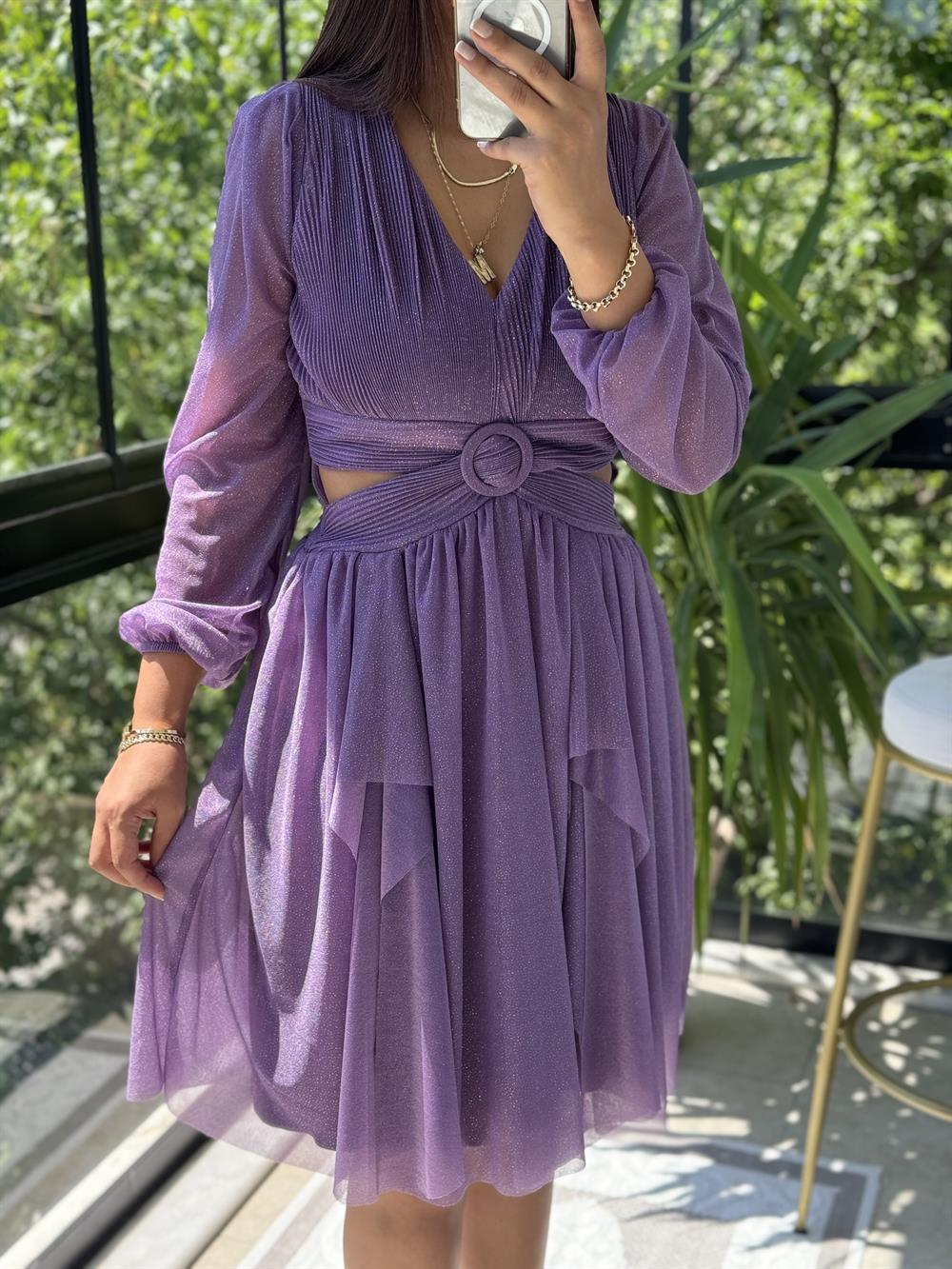 Sırt Detay Bel Tokalı Simli Tül Abiye Lila