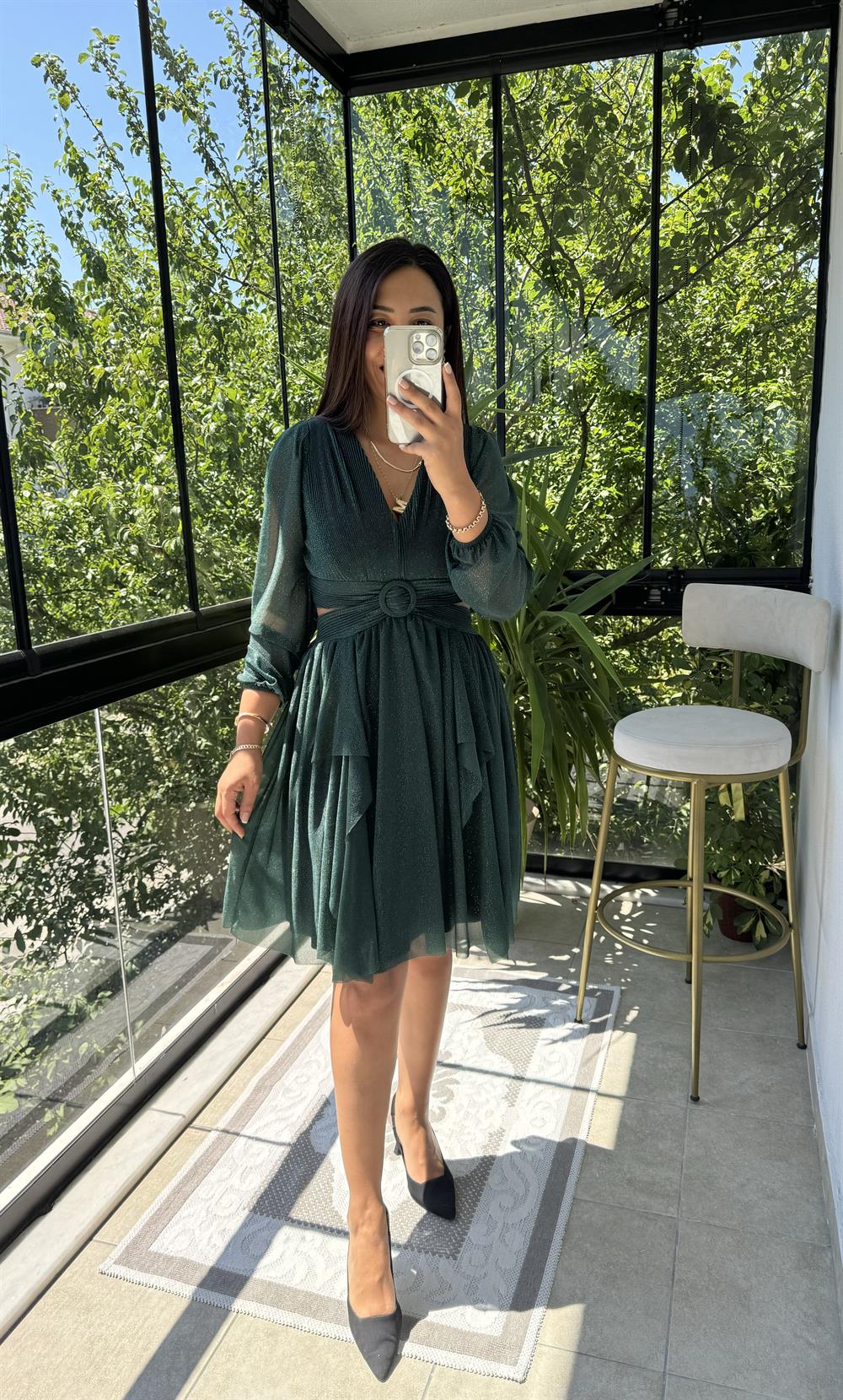 Sırt Detay Bel Tokalı Simli Tül Abiye Zümrüt