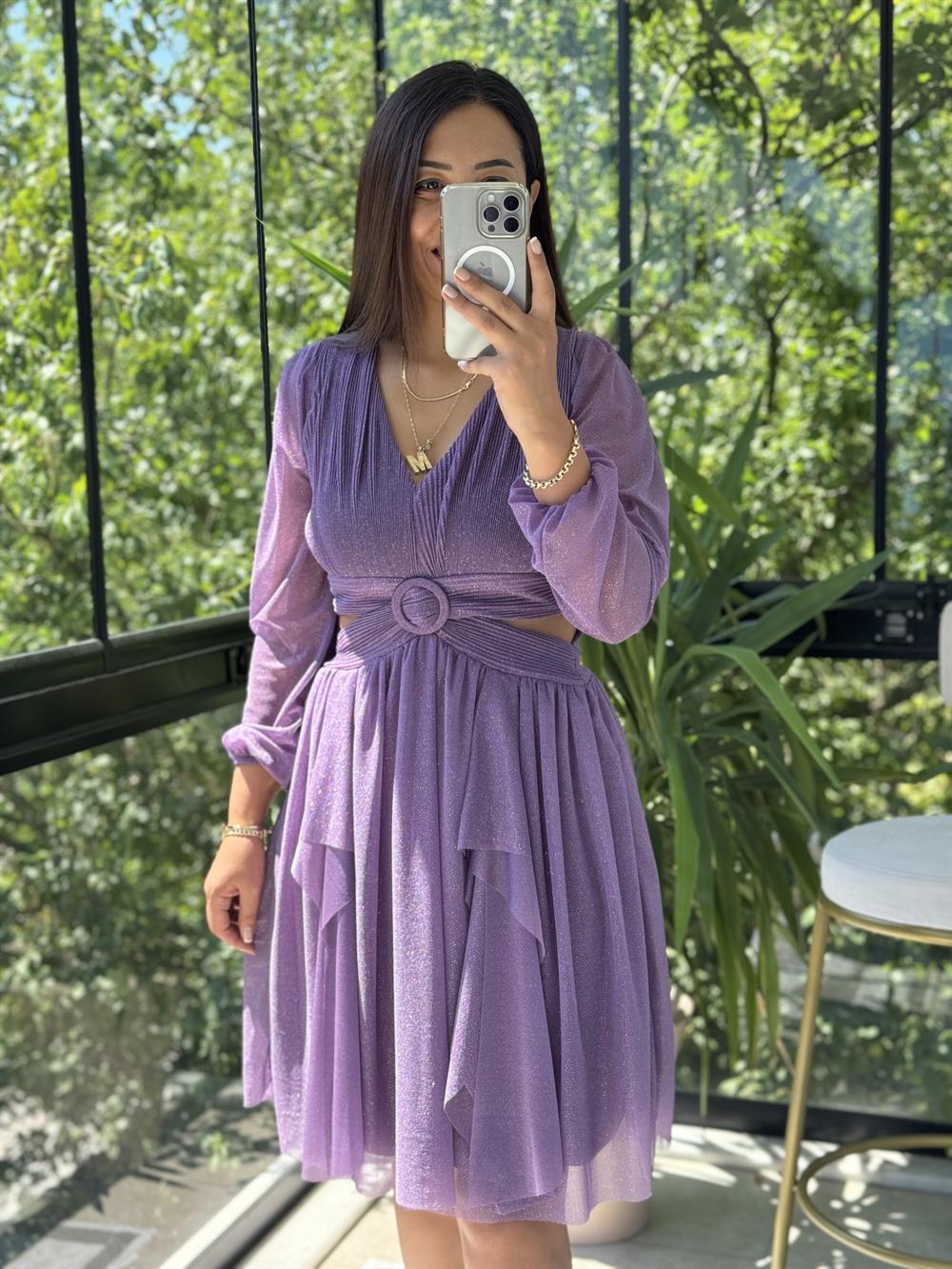 Sırt Detay Bel Tokalı Simli Tül Abiye Lila