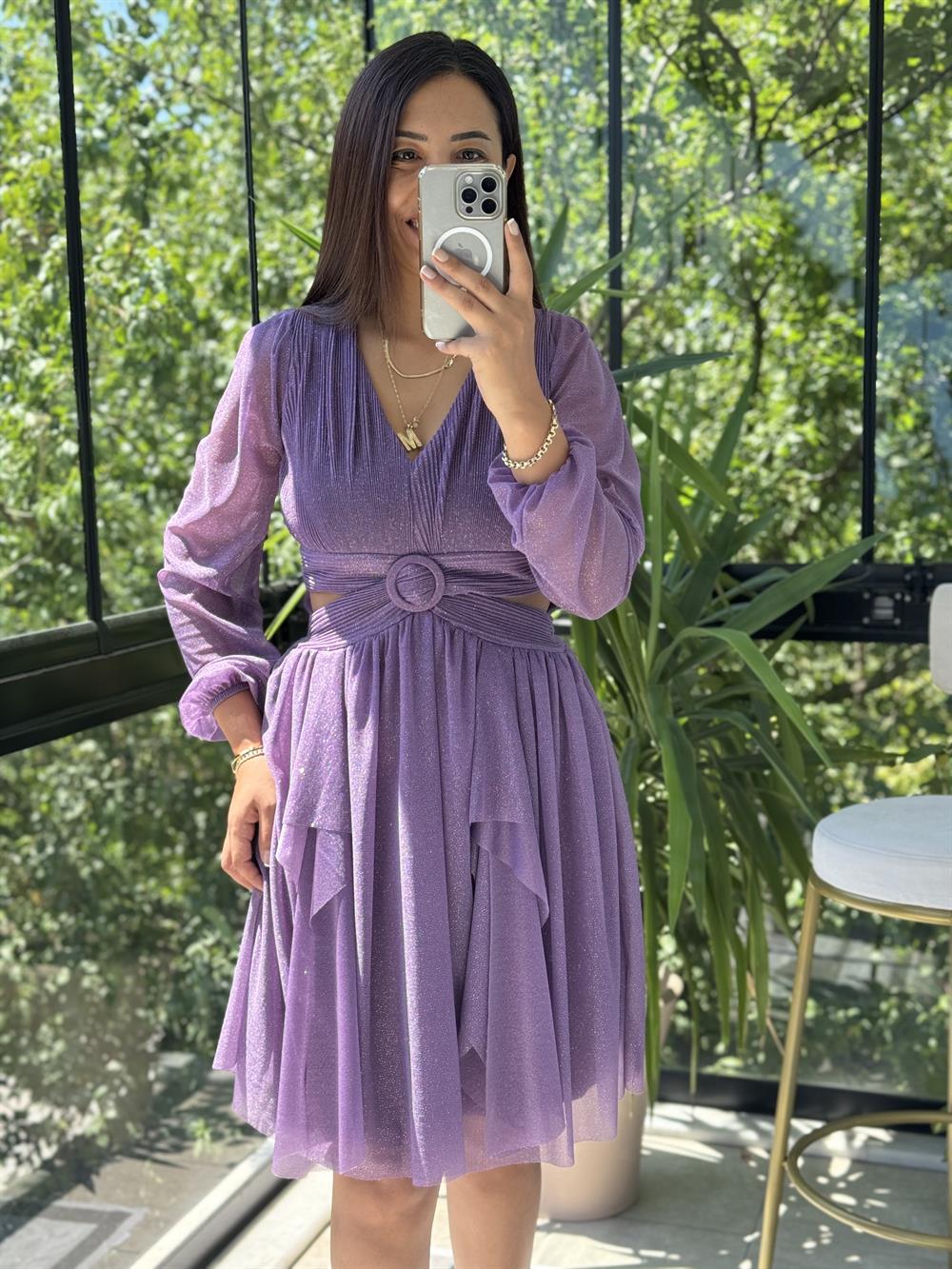 Sırt Detay Bel Tokalı Simli Tül Abiye Lila